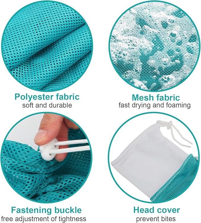 Breathable Mesh Shower Bag - Anti Scratch Adjustable Grooming for Nail Trimming, Bathing - Polyester Soft Cat Washing (White-Green)