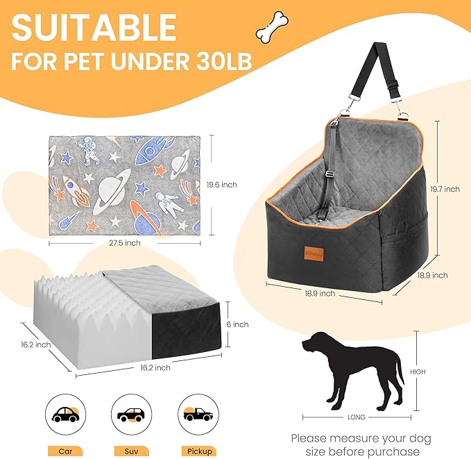 Dog Car Seat for Small Dog with Washable Mat, Memory Foam Booster Seat for Dogs Under 30lb, Elevated Pet Seat with Pockets, Anti-Slip Bed for Car, Perfect for Front & Back Seats with Safety Leash