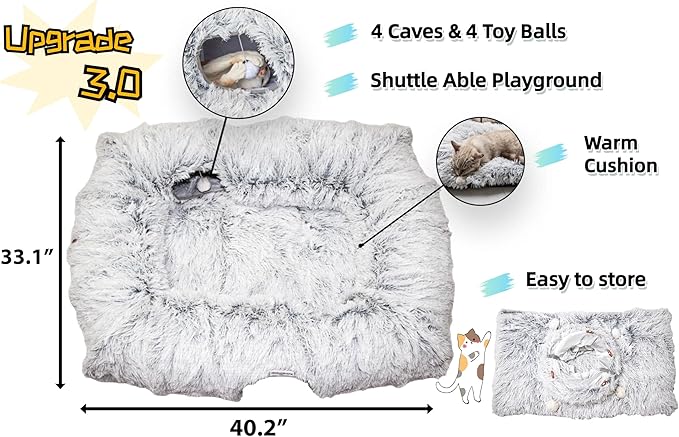XxingSheep 4 Cave Shuttled XL Cat Tunnel Bed for Indoor Cats Peekaboo Toy Donut with Warm Mat, Pinkish White