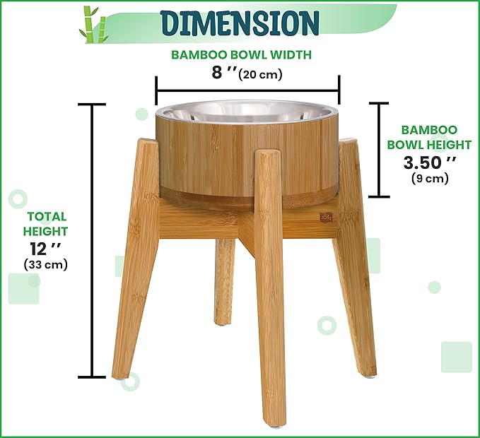 Raised Dog Bowl - Elevated 12-inch, Ideal for Large Breeds - Treats, Dry and Wet Foods Suitable - Deter Ants/Bugs, Tip-Over Resistant Stand - Steel and Bamboo