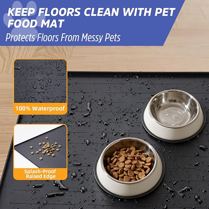 Large Dog Mats for Food and Water, 40"x30" Waterproof Pet Food Mats for Floor Nonslip Silicone Bowl Mats with Raised Edges