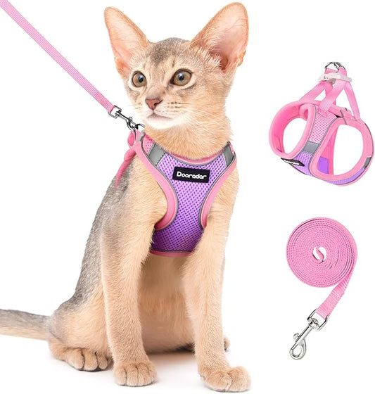 Dooradar Cat Harness and Leash Set, Escape Proof Lightweight Kitten Harness, Soft Breathable Reflective Vest for Outdoor Walking Traveling, Adjustable for Medium Cats, Purple & Pink, M