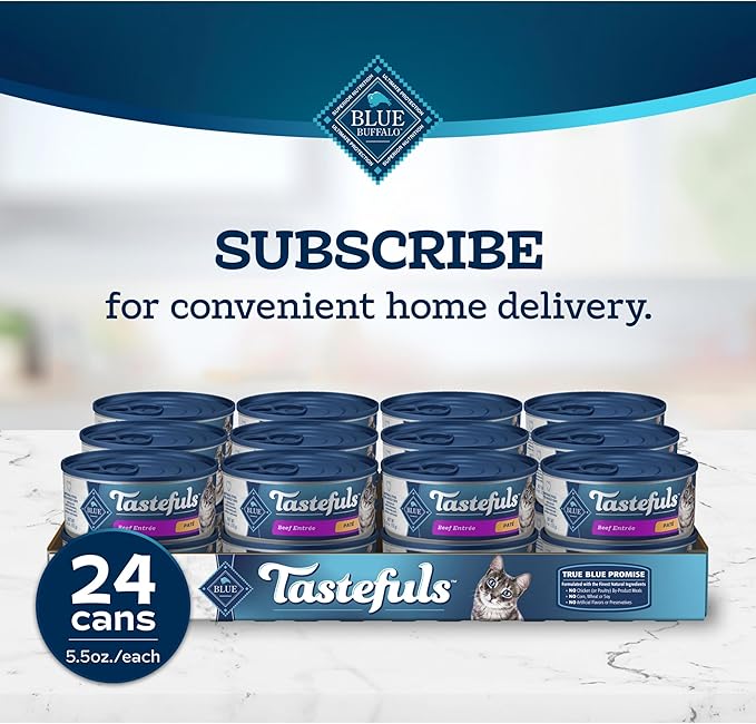 Blue Buffalo Tastefuls Wet Cat Food Paté, Made with Natural Ingredients, Beef Entrée, 5.5-oz Cans (24 Count)