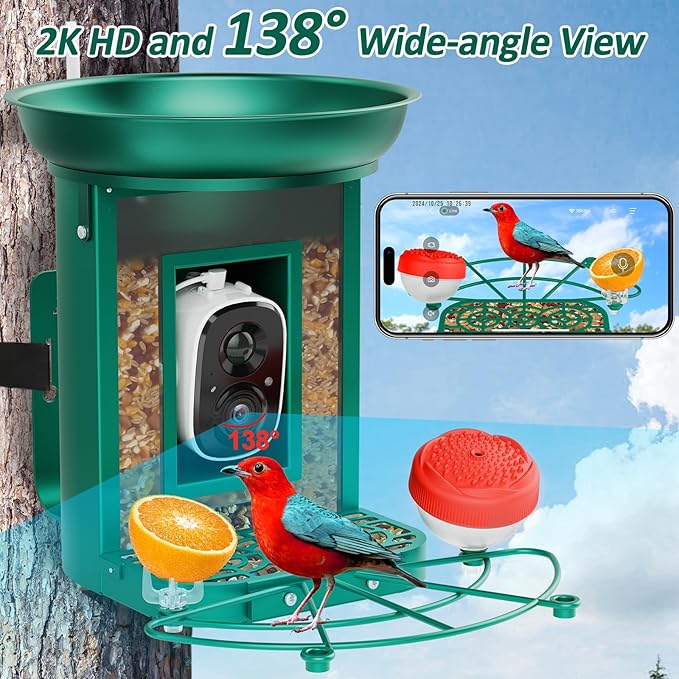 Bird Feeder with Camera, 2K Birds Camera with 3-in-1 Feeding, Drinking, and Bathing | AI Identify, Real-Time Monitoring and Alerts | IP65 and Squirrel-Proof for Outdoors, Gift for Bird Lovers