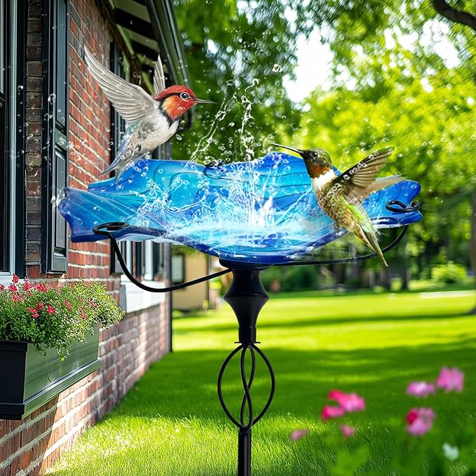 HONGLAND 32 Inch Height Bird Baths for Outdoors, Glass Birdbaths Outdoor Birdfeeder with Metal Stake Garden Yard (Blue)