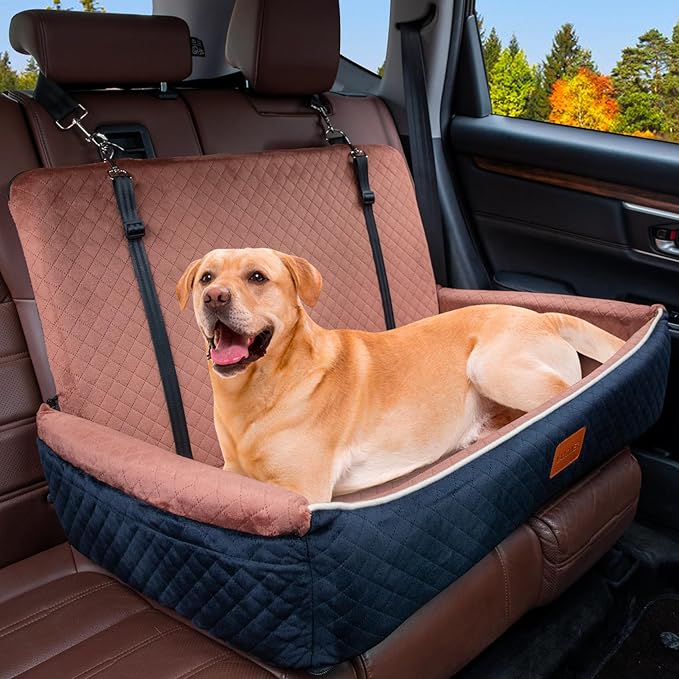 Youvee Dogs Car Seat and Bed 2 in 1,Pet Car Bed for 2 Small or 1 Medium/Large Dog up to 60 lbs,Dog Booster for car Back Seat,Comfortable,Fully Detachable and Washable(Black Outside Brown Inside)