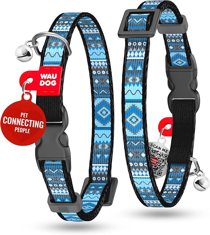 WAUDOG Nylon Cat Collar with Removable Bell and QR ID Tag for Small, Medium and Large Breeds Adjustable Long Lasting Durable Kitten Collars Boy & Girl