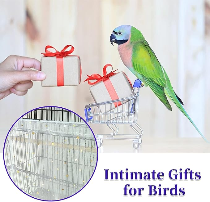 Daoeny Large Bird Cage Cover, Bird Cage Seed Catcher, Adjustable Soft Nylon Mesh Net with Twinkle Moon Star, Birdcage Cover Skirt Seed Guard for Parrot Parakeet Macaw Round Square Cages (White)