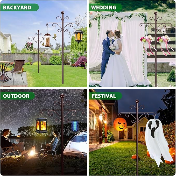 Bird Feeder Pole for Outdoors Heavy Duty Squirrel Proof, 2 Pack 63 Inch Adjustable Tall Shepherds Hooks for Outdoor with 7 Prongs Base, Double Shepherd Hooks (2 Pack Copper, 63 Inch)