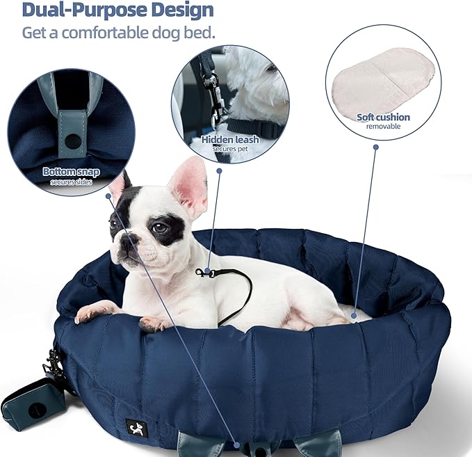 Sytopia Dog Bag Carrier for Small and Medium Dogs, Waterproof and Washable, Travel Pets Purse up to 15 Lbs, Car Seat & Bed, Adjustable Leashes, Navy Blue