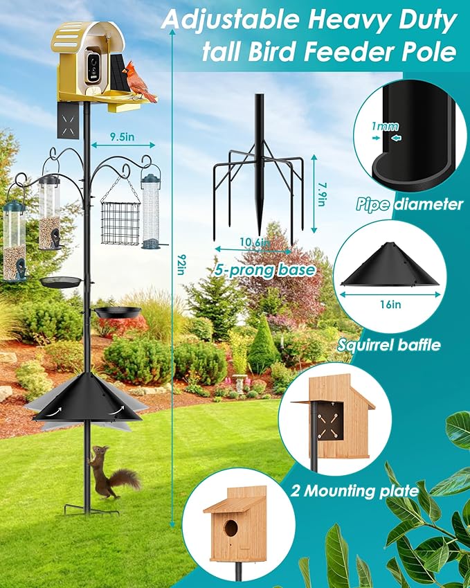 Bird Feeder Pole Squirrel Proof, 92 Inch Heavy Duty Bird Feeder Pole for Outdoor Feeding Station with Stable Base (House Not Included)