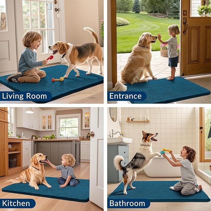 Smiry Dog Door Mat for Muddy Paws 47x24, Absorbs Moisture and Dirt Doormat, Non-Slip Washable Quick Dry Chenille Front Door Mat Indoor Entrance, Entryway Carpet for Inside Floor, Atlantic Blue