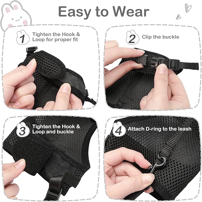 PETTOM Bunny Rabbit Harness with Stretchy Leash Cute Adjustable Buckle Breathable Mesh Vest for Kitten Small Pets Walking (Black,XL)