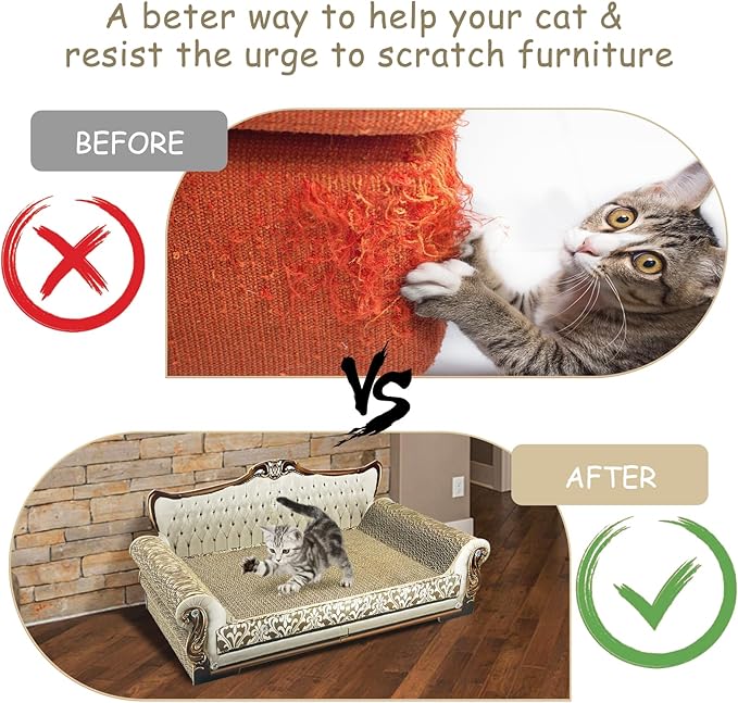 Luxury Cardboard Cat Scratcher Sofa Bed, Couch Shaped Scratching Board, Scratch Lounge with Catnip, Scratcher for Indoor Cats Large Grey