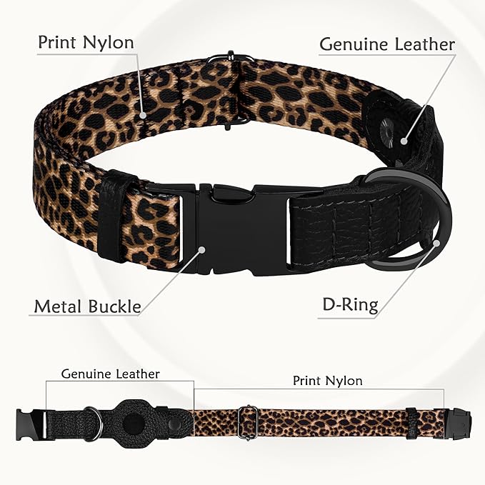 AirTag Dog Collar for Small Medium Large Breed - Adjustable Cute Pattern Dog Collar with Airtag Holder - Soft Leather Tracker GPS Apple Air Tag Pet Collars (Large, 17"-21" Neck Fit, Leopard)
