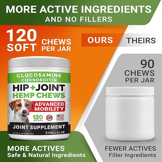 Large Breed Hemp + Glucosamine Dog Joint Supplement - Hemp Chews for Dogs Hip Joint Pain Relief - Omega 3, Chondroitin, MSM - Advanced Mobility Hemp Oil Treats for Large Dogs - Made in USA - 240 Ct