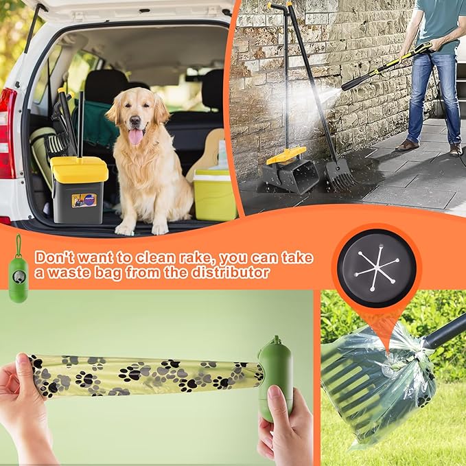 LANNEY Pooper Scooper - 46" Long Adjustable Handle Dog Pooper Scooper, Swivel Bin, Rake and 35 Waste Bag, Heavy Duty Poop Scooper for Large Medium Small Yard Dog Pet