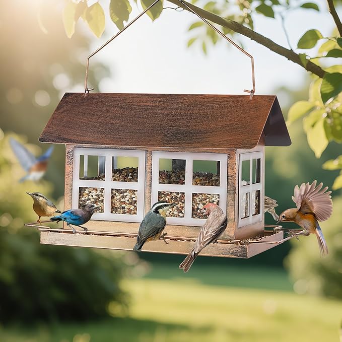 Bird Feeders, Heavy Duty Metal Bird Feeder for Outdoors Hanging, Weatherproof Large Capacity Wild Birdfeeder for Outside Garden Yard, Country House Shape (Double Window)