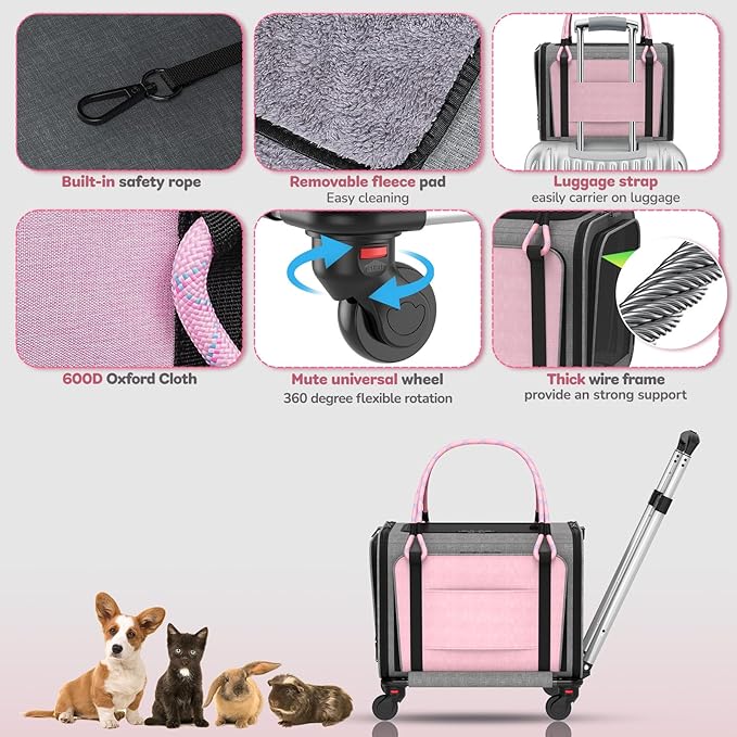 Pet Carrier with Wheels Airline Approved: Expandable Rolling Cat Carrier for Small Dog Under 25lbs - Cat Soft Carrier Pet Travel Bag TSA Approved Under Seat for Airplane Transport Flight