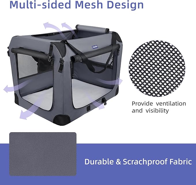 Petprsco 40 Inch Collapsible Dog Crate, Portable Dog Crates for Large Dogs, XL Dog Crate for Travel, 3 Door Soft Dog Kennel with Durable Mesh Windows Indoor & Outside