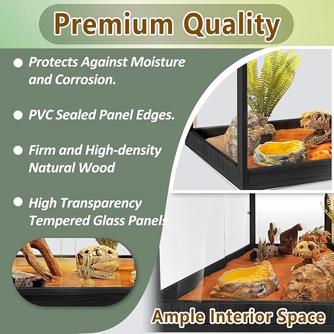 PROLEE Bearded Dragon Tank,Tempered Glass Reptile Tank with Mesh Roof and Front Sliding Door,Anti-Scratch Lizard Tank,Spacious Reptile Enclosure for Snakes,Lguanas (Black, 81Gallons,48"x20"x20")