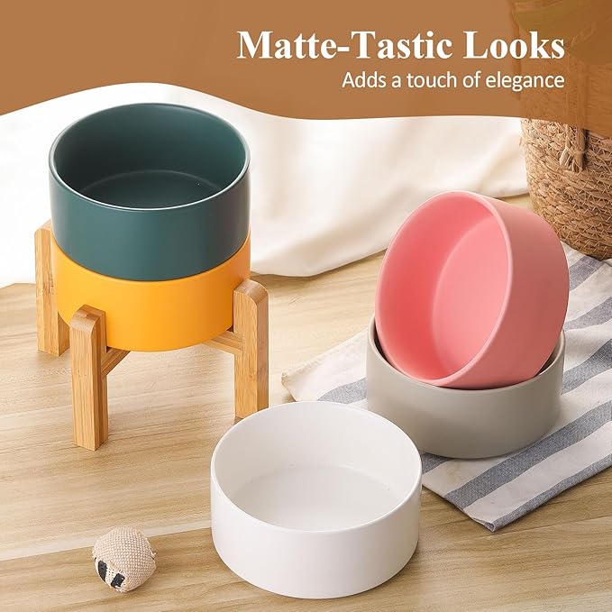 LIONWEI LIONWELI Ceramic Raised Dog Bowls, Medium - Set of 2 - Non Slip Wood Stand - Anti Vomiting - 850 ml - White