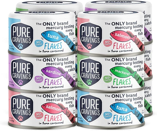 Flakes in Tuna Consommé, Canned Wet Cat Food Soup, 100% Mercury-Tested, Moist Can Fish, Grain-Free Protein, Non-GMO, 3oz, Variety Pack 3X Tuna, 3X Salmon, 3X Sardine, 3X Mackerel