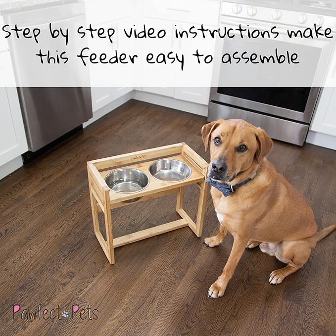 Adjustable Height Elevated Dog Bowls for Large Dogs- 12”, 14”, or 16” Tall with Four Stainless Steel Dog Bowls by Pawfect Pets