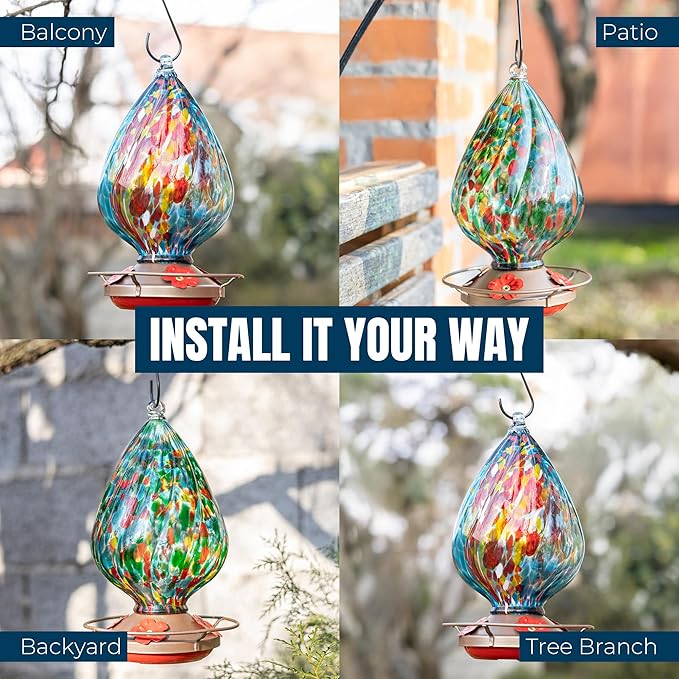 MEKKAPRO Glass Hummingbird Feeders for Outdoors 45oz, Decorative Feeder with Blown Glass Design for Outdoors Hanging and Backyard, Easy Fill with 4 Nectar Feeding Flowers (Sky Blue)