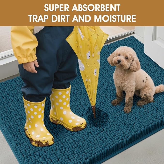 IM HOME 48" x 38" Teal Blue Dog Door Mats for Muddy Paws, Chenille Absorbent Dog Mat, Non Slip Heavy Mud Mat for Dogs, Soft Pet Bed Mat for Entryway, Mud Paws, Inside Floor