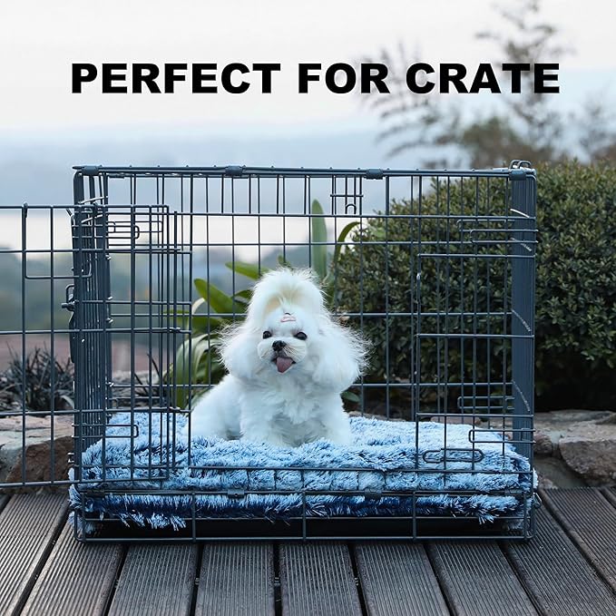 Bedfolks Plush Dog Crate Bed, Washable Cover, Faux Fur Pad, 21"x13", Dark Blue