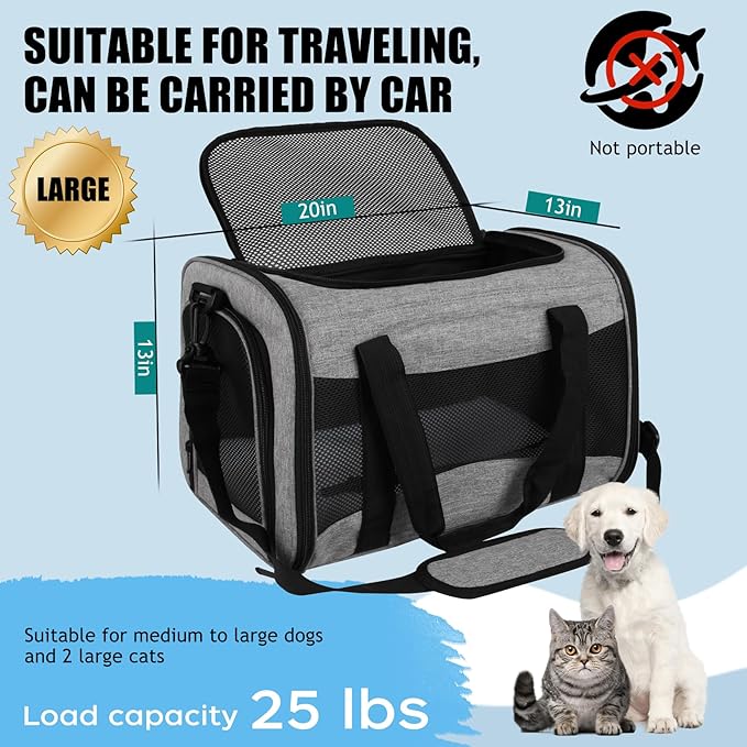 Carriers Soft-Sided Pet Carrier for Medium Large Cats Dogs 15lbs 20lbs,Ventilated Design,Portable Carry Handle,Collapsible Carrier for Kitten Puppy(X-Large,Grey&Black)