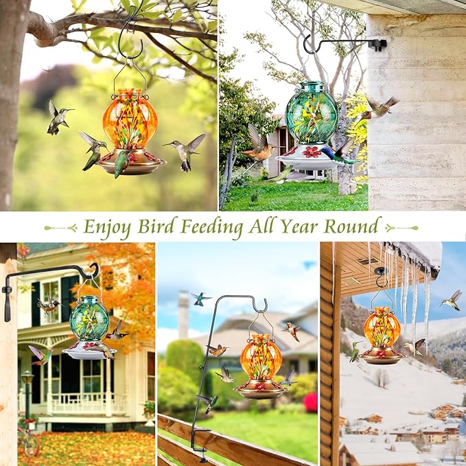 BOLITE Hummingbird Feeder, Hand Blown Glass Hummingbird Feeders for Outdoors Hanging, with Ant Moat and 5 Feeding Ports, 20 Ounces, Meshy Texture Ball Shape Bottle, Orange, Gifts for Women Men