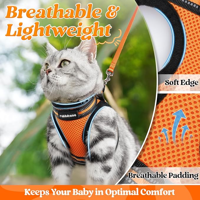 rabbitgoo Cat Harness and Leash Set for Walking Escape Proof, Adjustable Soft Kittens Vest with Reflective Strip for Cats, Comfortable Outdoor Vest,Light Orange,S