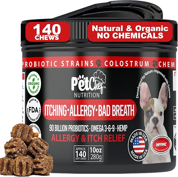 Pet Chef Dog Stop Itching & Allergy Blocker Chew - Natural Anti Itch for Dogs with Omega 3, Salmon Oil - Peanut Butter - Best Value 140 ct Dog Stop Itching Support- Safe no Chemicals All Natural