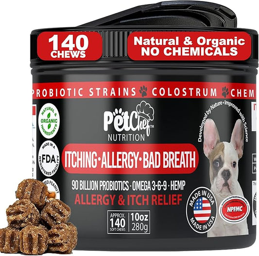 Pet Chef Dog Stop Itching & Allergy Blocker Chew - Natural Anti Itch for Dogs with Omega 3, Salmon Oil - Peanut Butter - Best Value 140 ct Dog Stop Itching Support- Safe no Chemicals All Natural