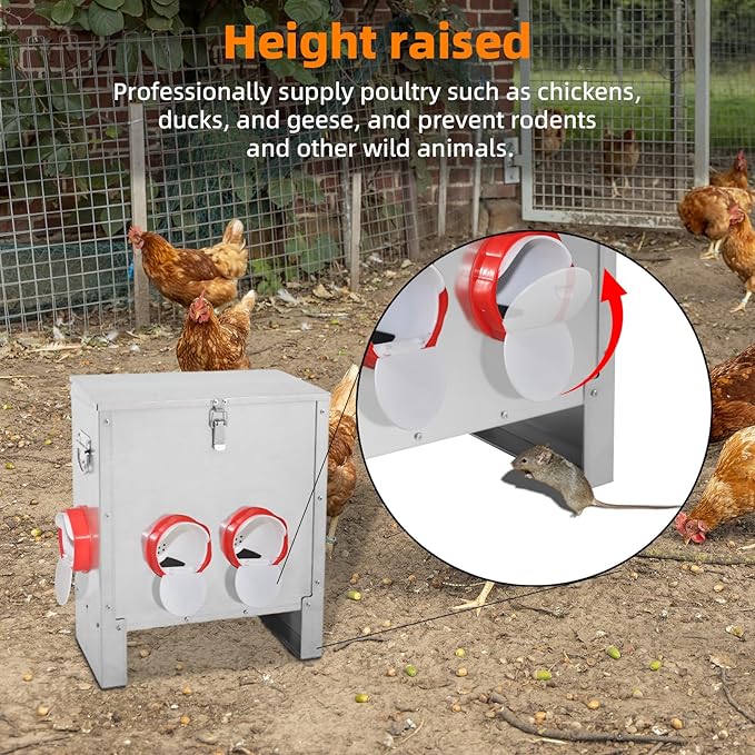 XKV Metal Automatic Chicken Feeder 30LBS with 4 Ports,No Feed Waste,All Seasons Support,Weather-Resistant and Animal-Proof,Suitable for Chicken,Geese,Ducks,Turkeys,Quails