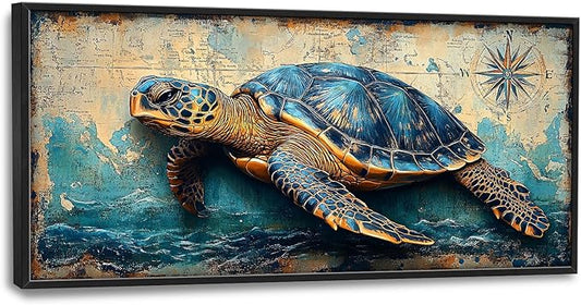 Large Nautical Turtle Wall Art for Living Room, Coastal Ocean Canvas Oversized Wall Decor, Beach Aesthetics Framed Pictures Painting Print Artwork for Bedroom Office 60L" x 30W"