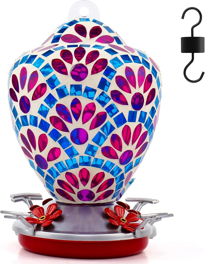 VOREEN Glass Mosaic Hummingbird Feeders, 34OZ with Ant Moat & 4 Feeding Ports, Hand Blown Glass Outdoor Hanging Bird Feeder, Porch Garden Backyard Decor, Gift for Mom Wife Friend, Purple Flower Design