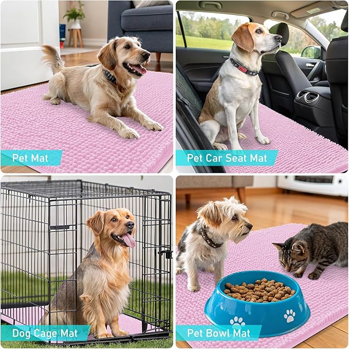 OLANLY Dog Door Mat for Muddy Paws 70x24, Absorbs Moisture and Dirt, Absorbent Non-Slip Washable Doormat, Quick Dry Chenille Mud Mat for Dogs, Entry Indoor Entryway Carpet for Inside Floor, Pink