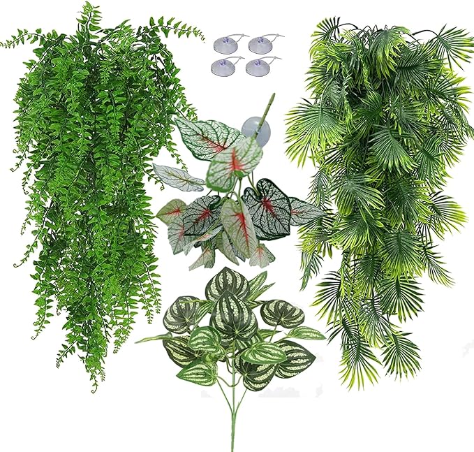 Reptile Plants for Bearded Dragon Tank Accessories, Terrarium Plant Artificial Decor for Snake Cage, Fake Plant for Leopard Gecko Habitat, Lizard Chameleon Ball Pythons (Group ABN)