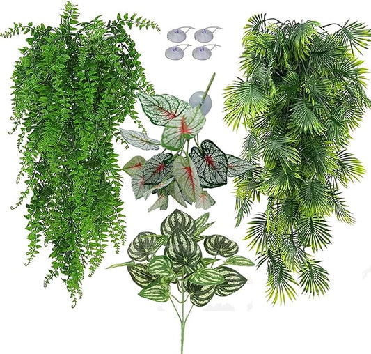 Reptile Plants for Bearded Dragon Tank Accessories, Terrarium Plant Artificial Decor for Snake Cage, Fake Plant for Leopard Gecko Habitat, Lizard Chameleon Ball Pythons (Group ABN)