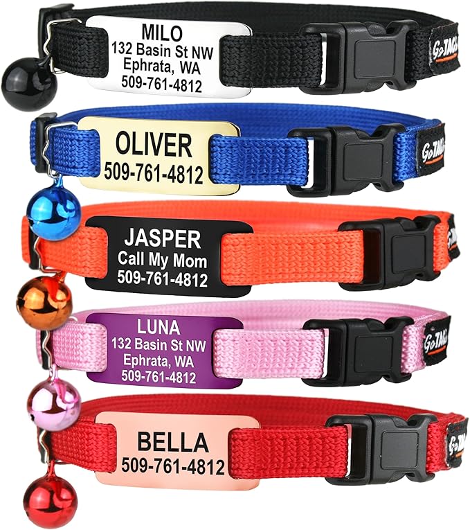 GoTags Cat Collars with Personalized Tag, Breakaway Collar with Safety Buckle Matching Bell, Engraved Custom with Name and Phone, Adjustable for Cats and Kitten, (Blue with Nameplate)