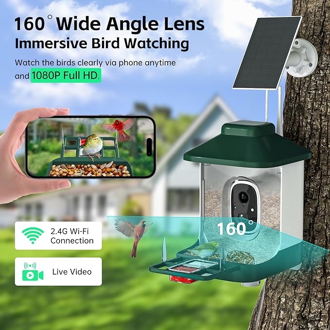 Smart Bird Feeder with Camera, AI Identify Bi rd Species Solar Powered,Full HD Live Video Bird Feeder Camera, 2.4Ghz WiFi,Nstant Arrival Alerts - Best Gifts for Bi rd Lover