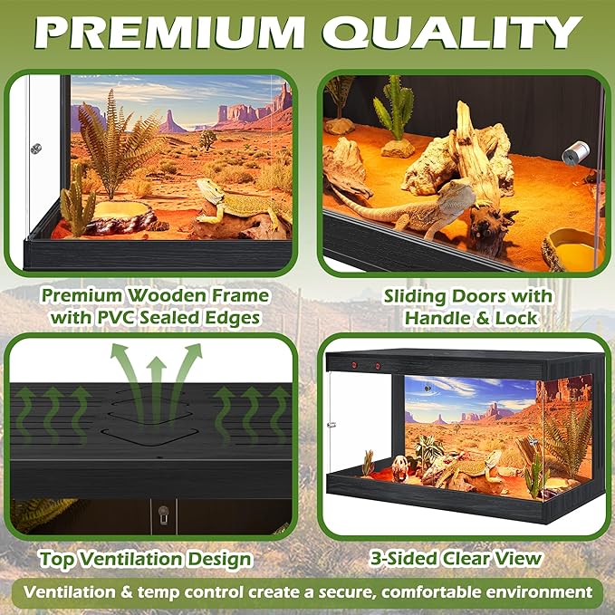 Royxen Tempered Glass Reptile Enclosure,Reptile Tank with Wooden Mesh Top and Lockable Design,26 Gallon Bearded Dragon Tank for Lizard Gecko Tortoise Snake Habitat,24" x 16" x 16",Black