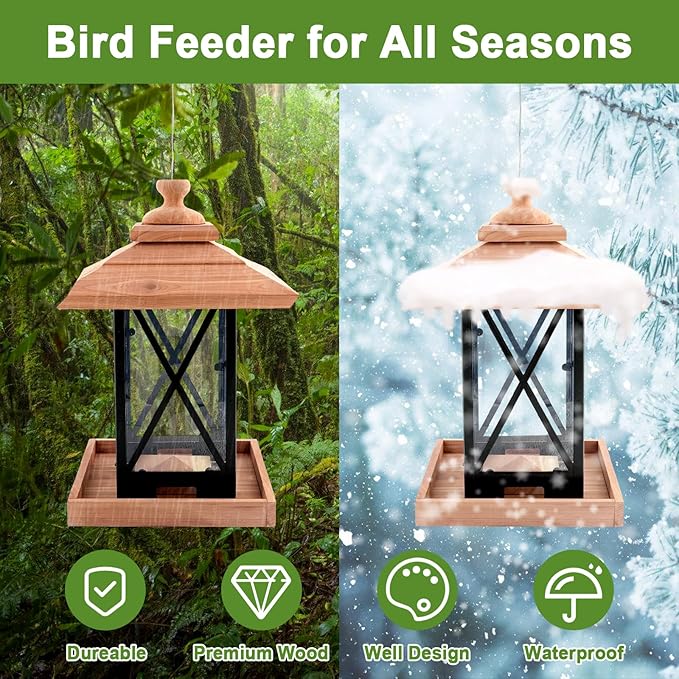 Cedar & Metal Frame Bird Feeder for Outdoors Hanging Mount Large Capacity, Black Wooden Garden Roof Feeder Lantern Style, Cardinal Bluebird Birdfeeder with Iron Frame Wall for Garden Decor Durable