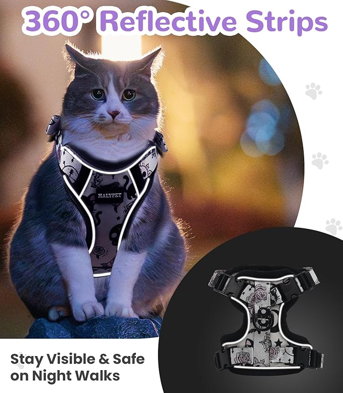 Halypet Cat Harness and Leash Set for Walking, Escape Proof Adjustable Vest Harness with 3-in-1 Integrated Buckles, Easy Control Soft Breathable Mesh with Reflective Strips for Cats, XS,Moonlight Meow