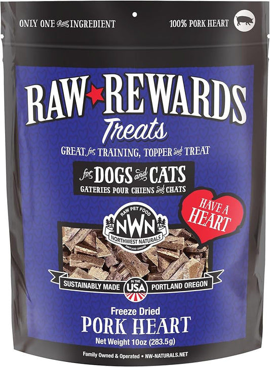 Northwest Naturals Raw Rewards Freeze-Dried Pork Heart Treats for Dogs and Cats - Bite-Sized Pieces - Healthy, 1 Ingredient, Human Grade Pet Food, All Natural, Proudly Made in USA, 10 Oz