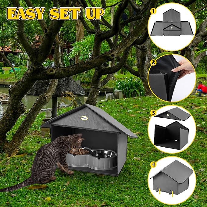 Dreyoo 1 Pack Outdoor Cat Feeding Station for Food & Water, Weatherproof Outdoor Kitty Dining Room Cat Shelter for Stray, Feral Cats and Community Cats, 13”d x 17”w x 15.5'h (Dark Grey)
