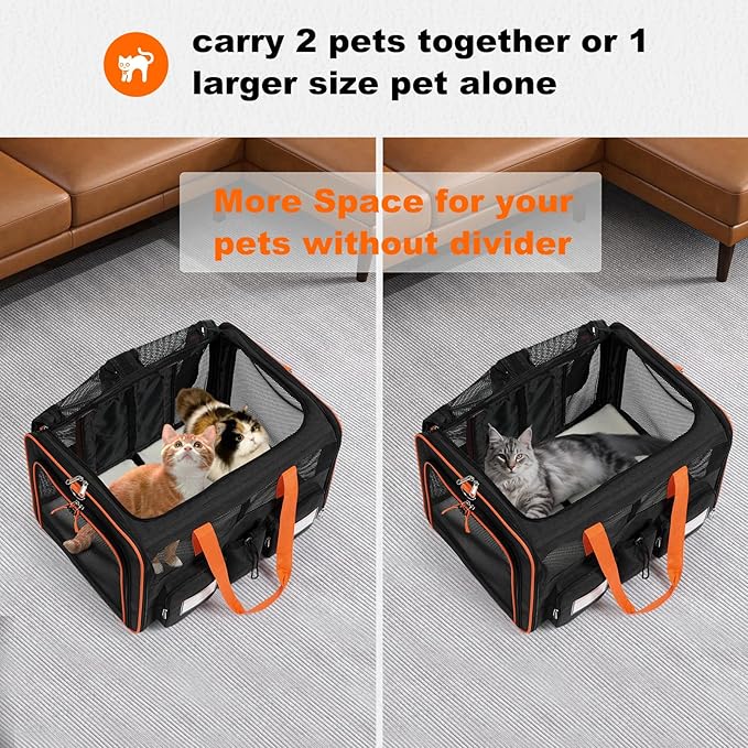 22''(L) x 16''(W) x 14''(H) Large Double pet Carrier for 2 Small-Medium Cats and car Travel,with a Removable Divider,Large Loading top,4 Pockets and Zipper Locks.